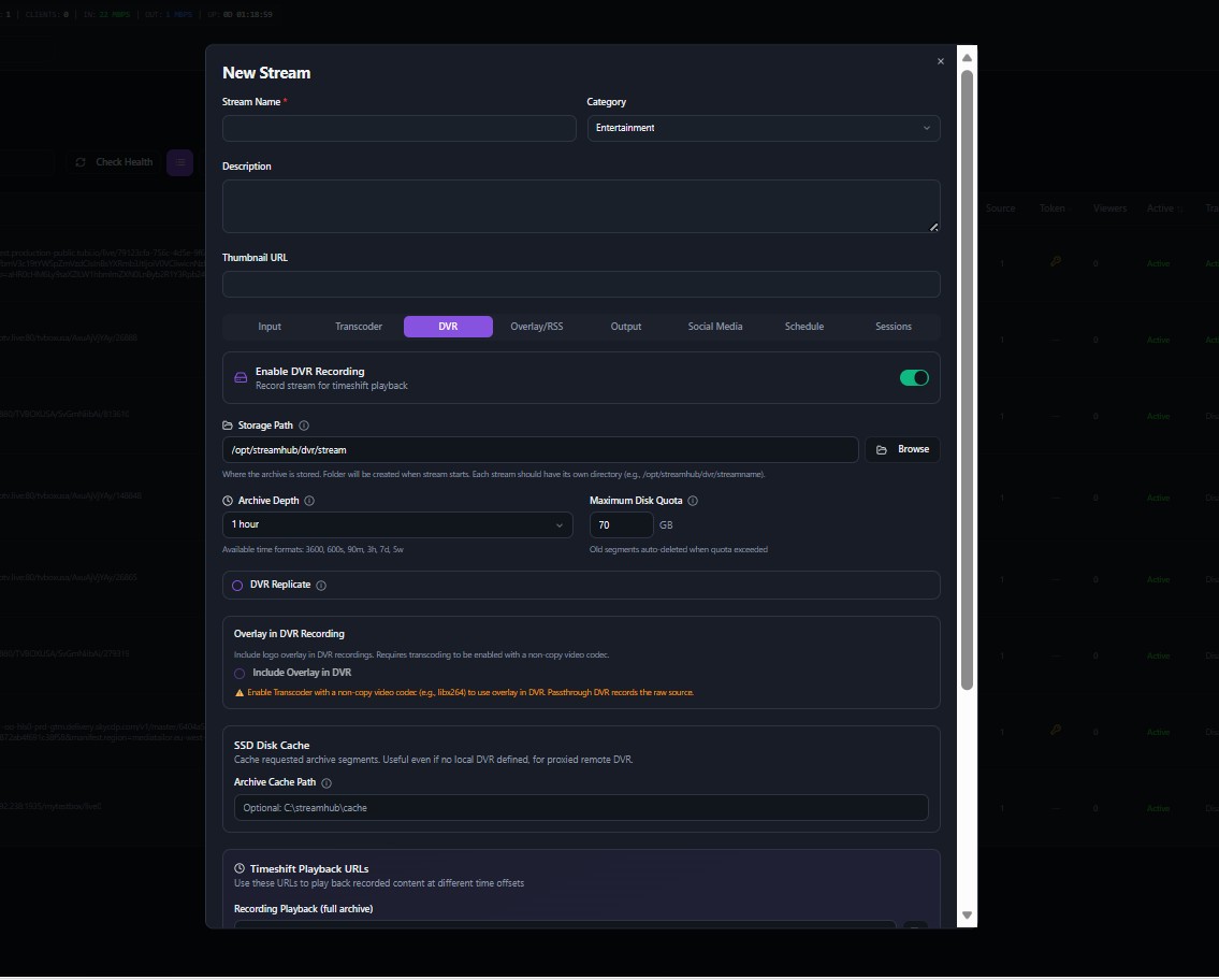 Advanced DVR in KLIPKAST Broadcaster MAX — Configure DVR recording, archive depth, disk quotas, replica options, overlay recording, SSD cache, and timeshift playback for flexible live-stream archiving.
