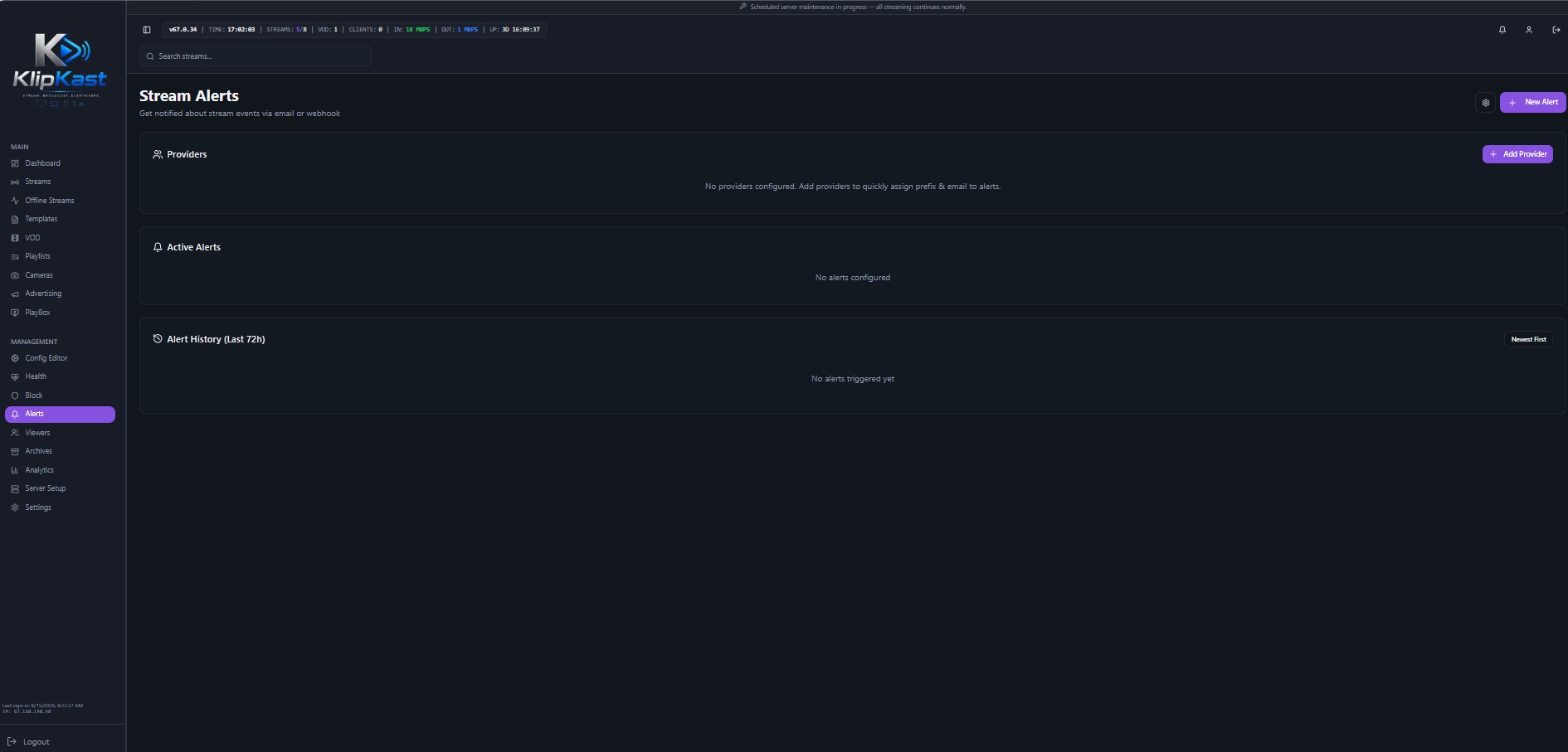 Alerts & Notifications in KLIPKAST Broadcaster MAX — Stay informed when a stream goes offline or becomes unstable. KLIPKAST can notify administrators by email about stream events, while centralized alert configuration and history hel