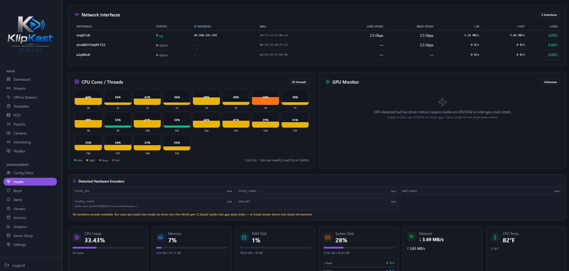 CPU and GPU Core, Thread Monitoring in KLIPKAST Broadcaster MAX — Monitor per-core CPU load, thread utilization, GPU status, hardware encoders, network interfaces, memory, storage, and system health in real time from one centralized operations da