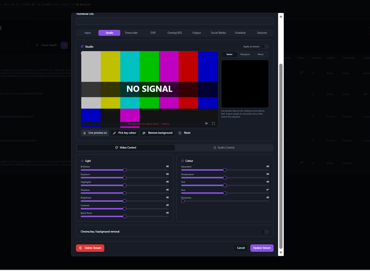 Live Studio for Local Capture in KLIPKAST Broadcaster MAX — Fine-tune local capture sources inside KLIPKAST with real-time video and audio settings, live preview, color and exposure controls, chroma key, color picking and one-click backgrou