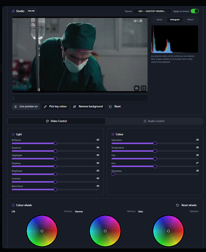 Professional Color Correction in KLIPKAST Broadcaster MAX — Fine-tune live video with broadcast-oriented image controls for brilliance, exposure, highlights, shadows, brightness, contrast and black point, plus saturation, temperature, tint,