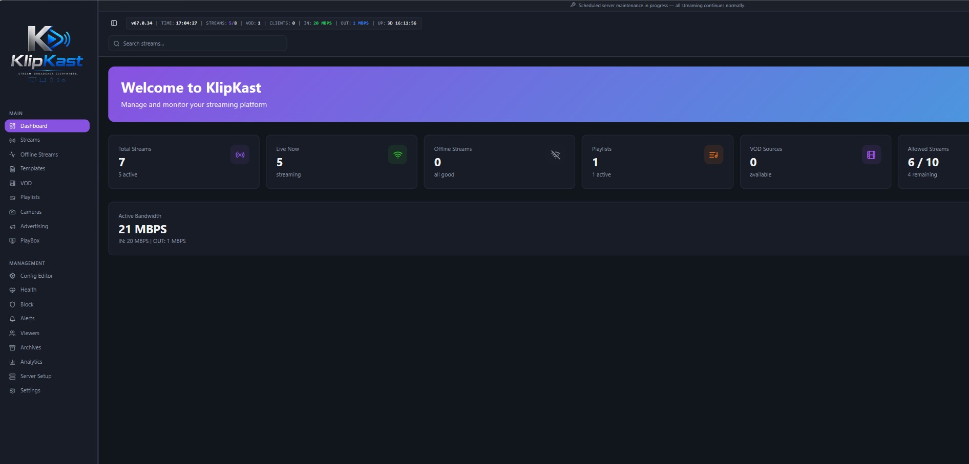 Main Dashboard in KLIPKAST Broadcaster MAX — Get an at-a-glance operational view of your KLIPKAST server, including total streams, live and offline activity, playlists, VOD sources, allowed-stream capacity, and active bandwid