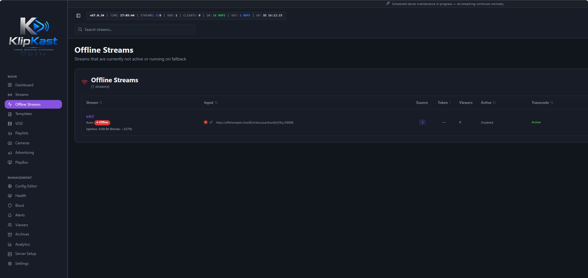 Offline Streams in KLIPKAST Broadcaster MAX — Quickly identify and review streams that are offline or operating on fallback. Administrators can see source details, uptime, bitrate, viewer activity, transcoding status, and othe