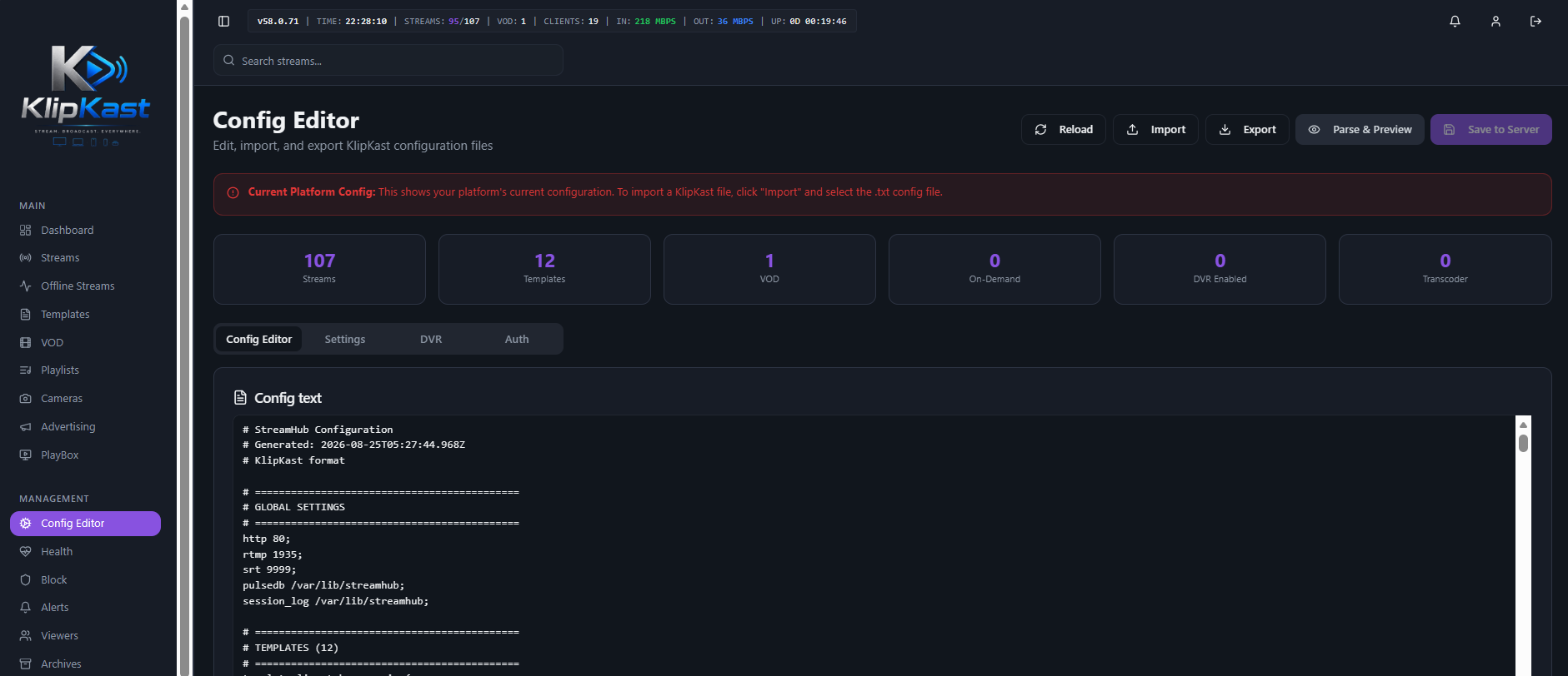One-Click Stream Import & Export in KLIPKAST Broadcaster MAX — Move complete KLIPKAST stream configurations between servers with one click. Export stream files for backup, migration, replication or disaster recovery, then import them quickly t