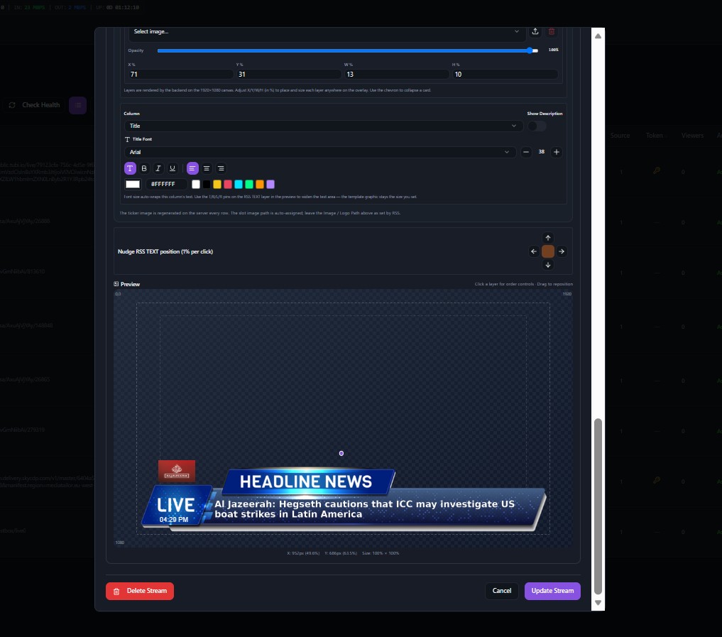 Overlay Preview & Designer in KLIPKAST Broadcaster MAX — Design and position broadcast overlays visually, manage image and text layers, preview graphics in a 1920×1080 canvas, and fine-tune placement before going live.