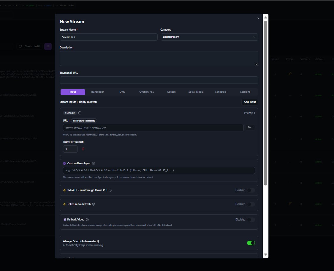 Stream Input in KLIPKAST Broadcaster MAX — Build resilient stream inputs with priority failover, protocol auto-detection, custom user agents, passthrough options, token refresh, fallback media, and automatic restart.