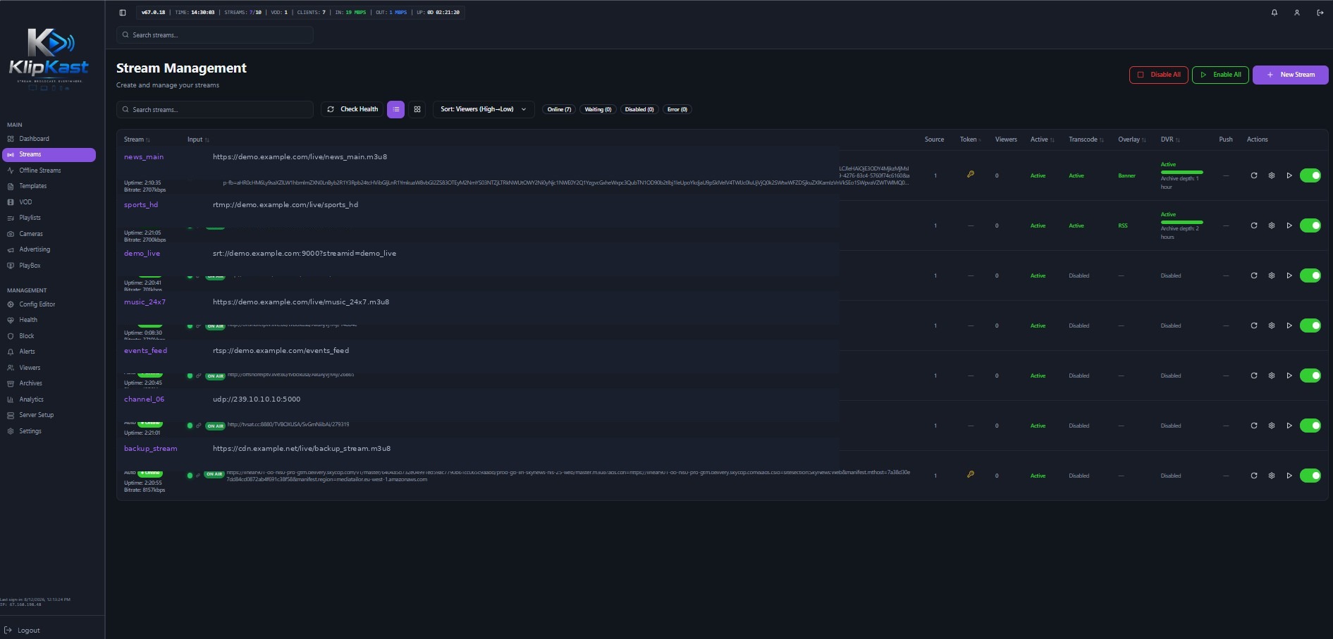 Stream Management in KLIPKAST Broadcaster MAX — Create, organize, enable, disable, monitor, and manage multiple live streams from a single high-density control center.