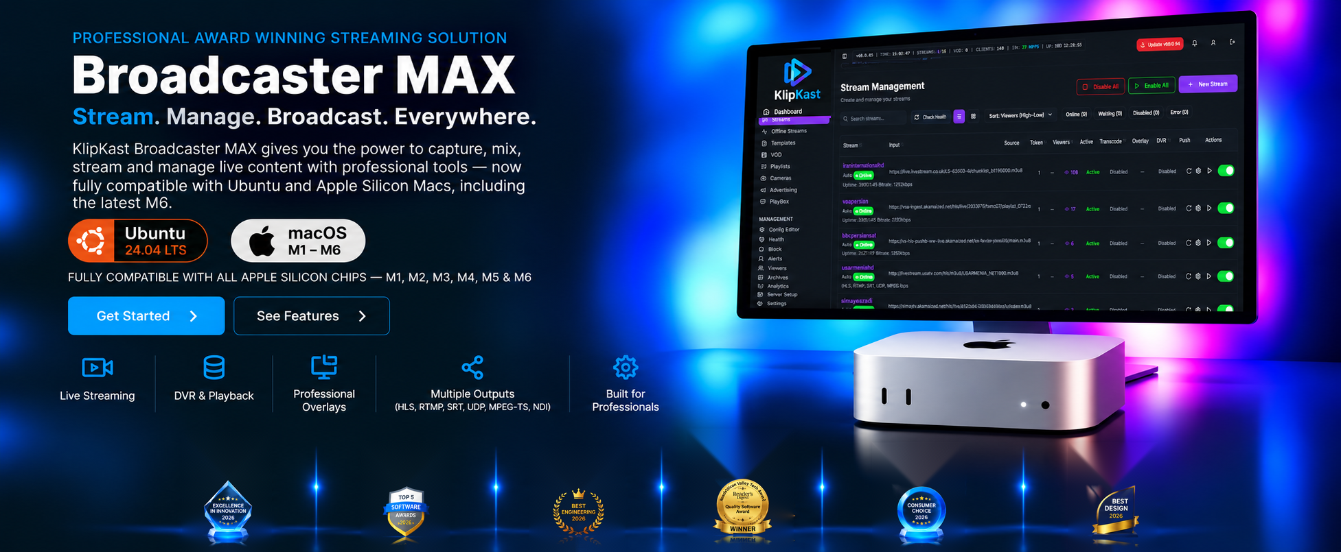 KlipKast Broadcaster MAX for Ubuntu 24.04 LTS and Apple Silicon macOS M1 through M6